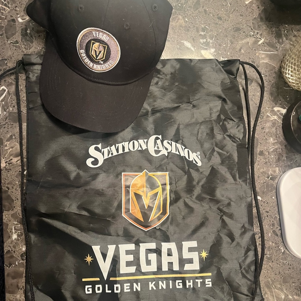 Golden knights hat and drawstring bag